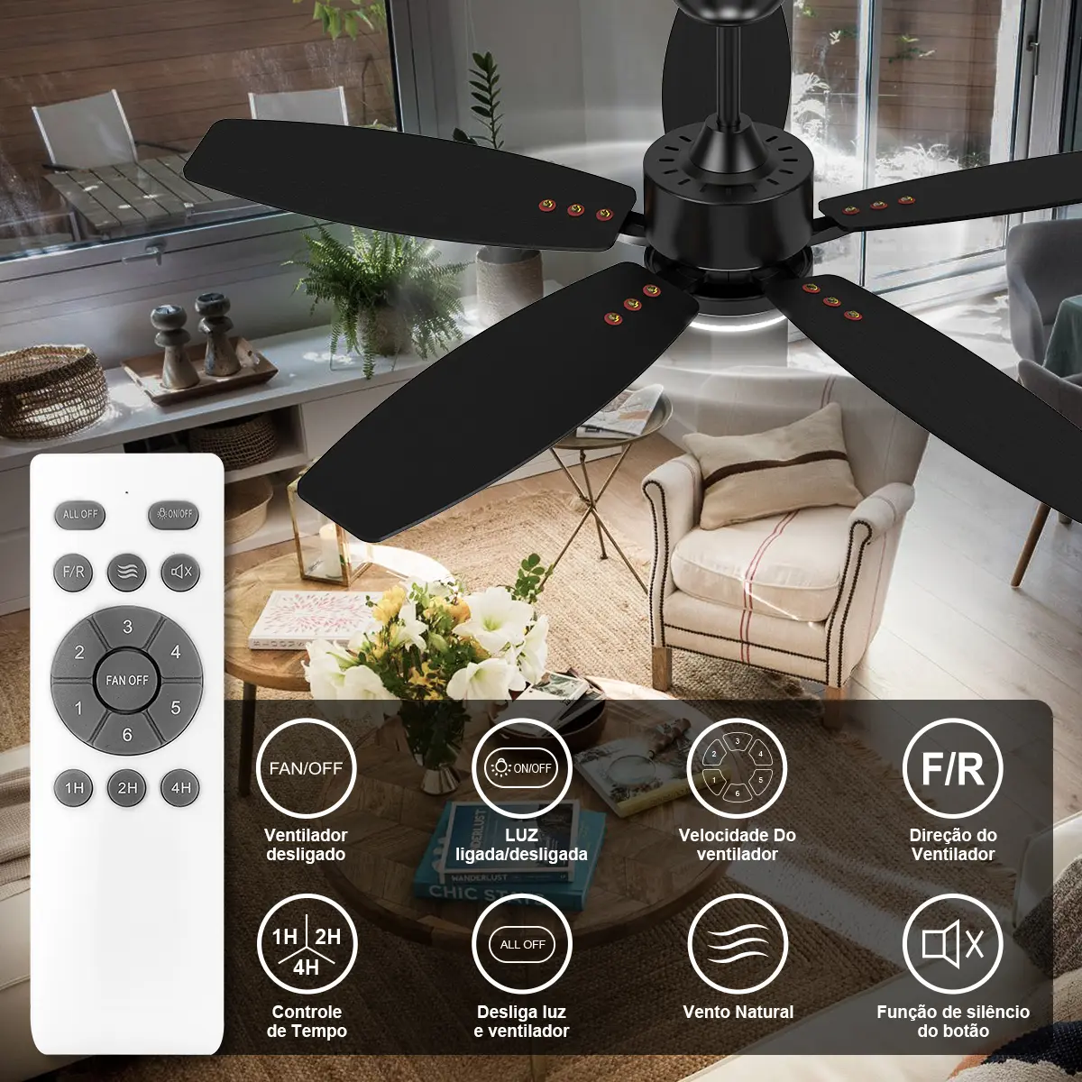 Ventilador de Teto FANSVENTO com Luz LED Controle Remoto 106cm 6 Velocidades - Bivolt 110V/220V versao 2